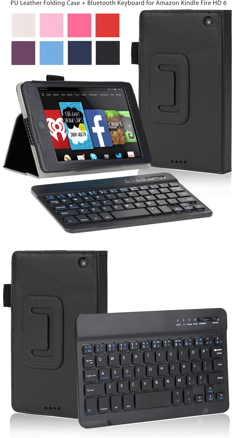 for Amazon Kindle Fire HD 6 Slim Fit PU Leather Case Cover+Bluetooth