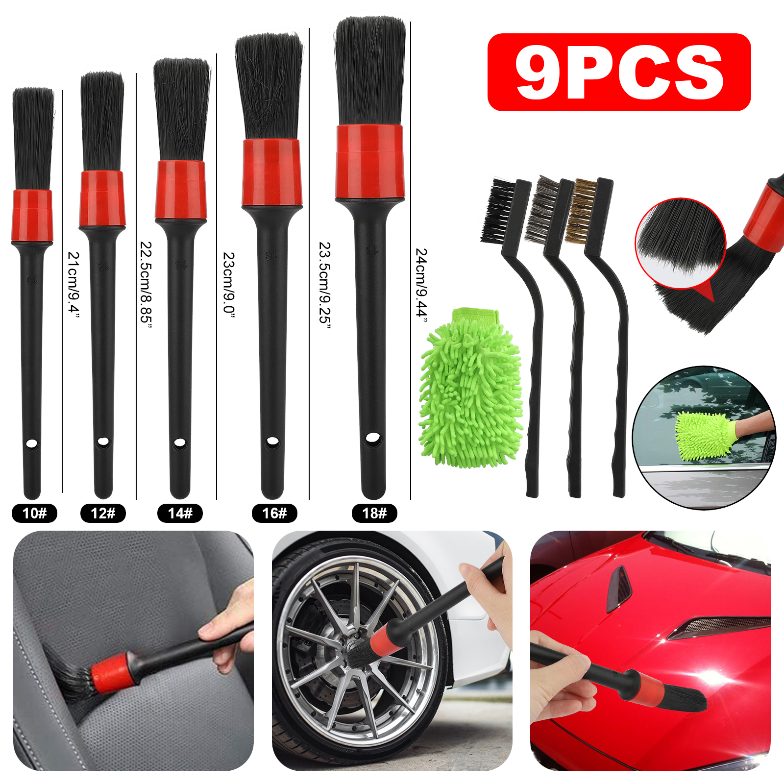 9PCS Auto Car Detailing Brush Kit Boar Hair Vehicle Interior Wheel