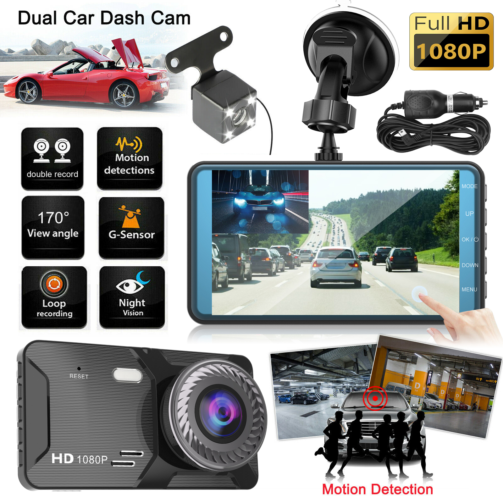 4’’ LCD 1080p Dual Lens Car GPS Dash Cam FHD Dashboard Camera 170° Driving DVR 