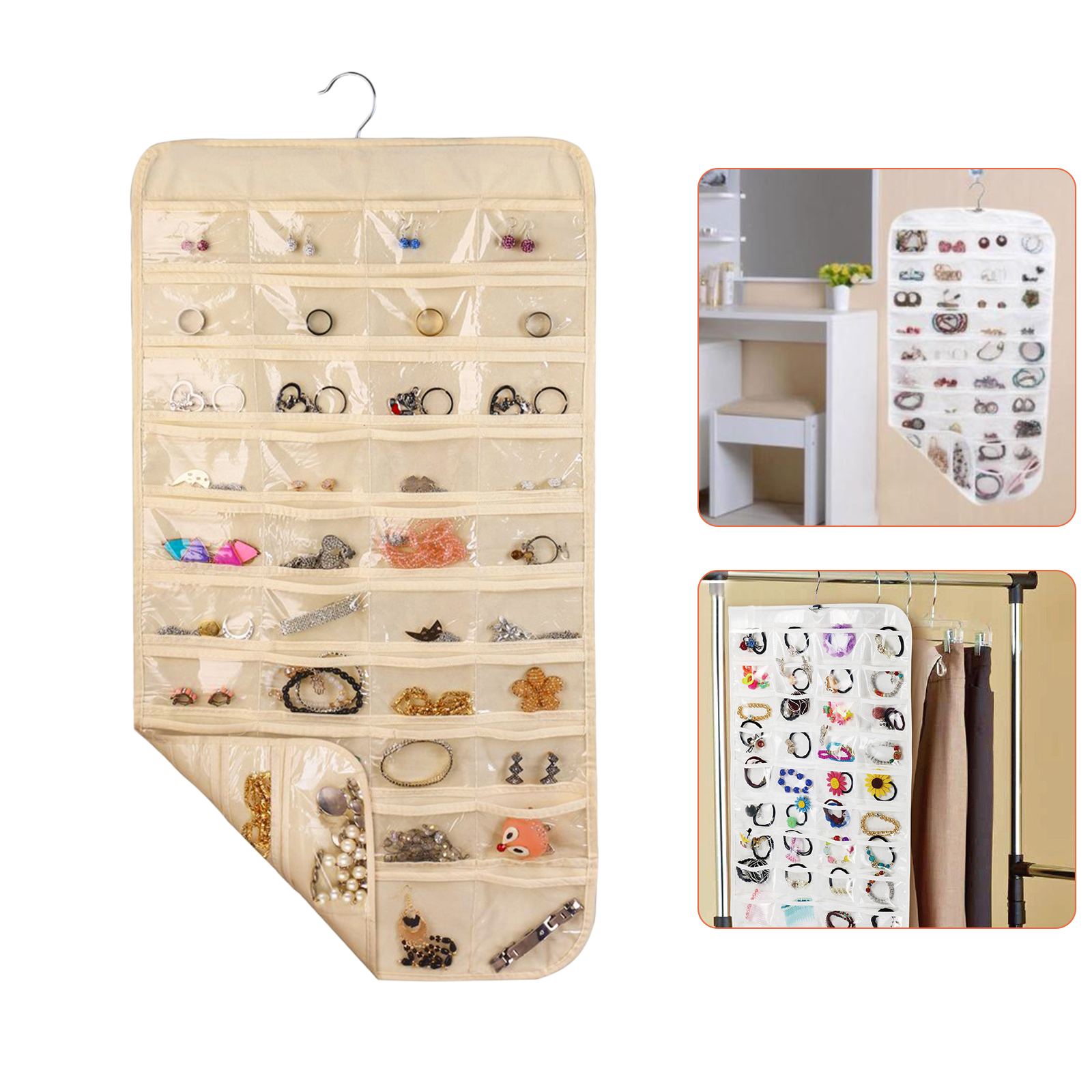 Details about   80 Pocket Hanging Jewelry Organizer Earring Display Fashion Pouch Beige Roll Bag 