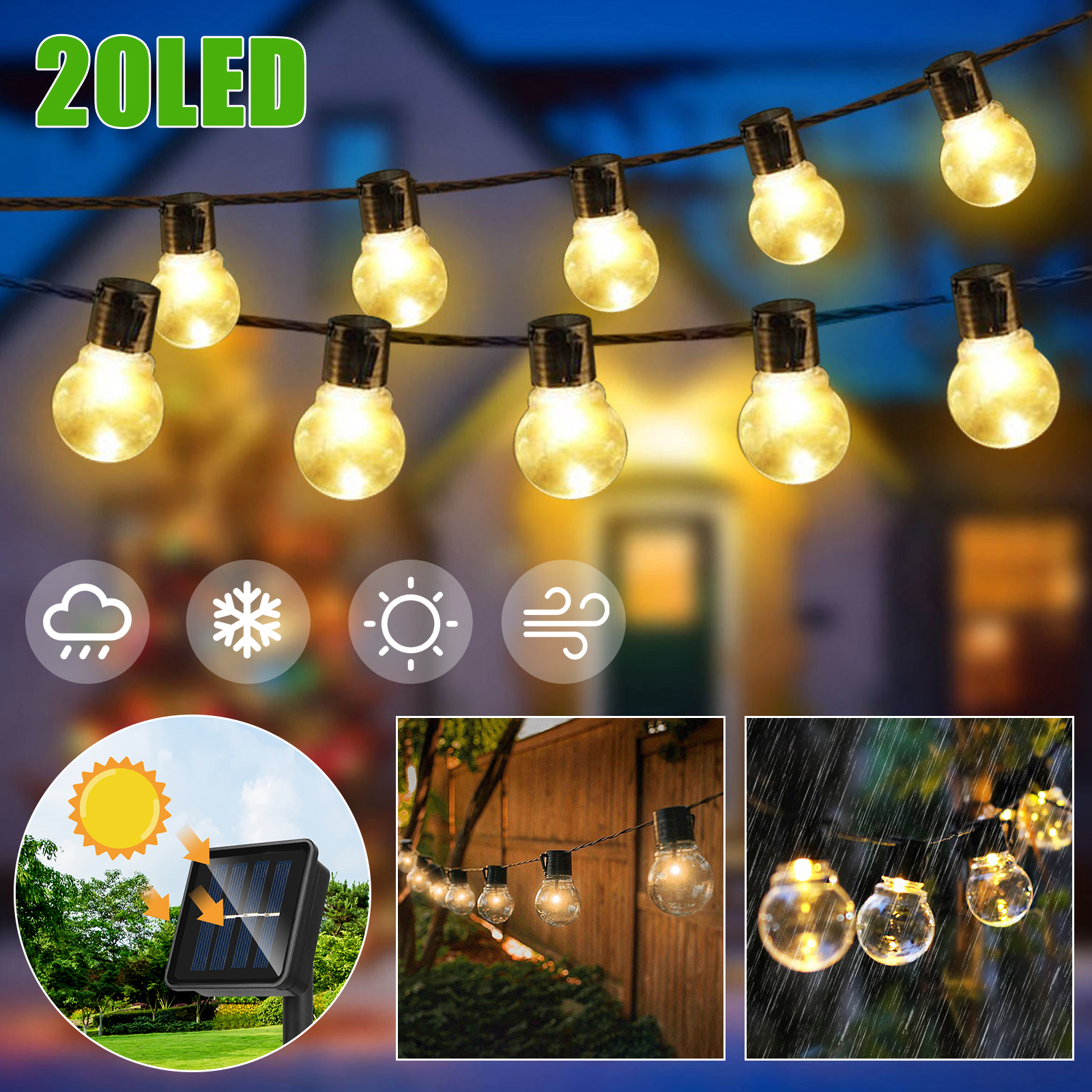 16FT Outdoor String Lights 20 LED Solar Bulb Patio 5M Party Yard Garden Wedding 