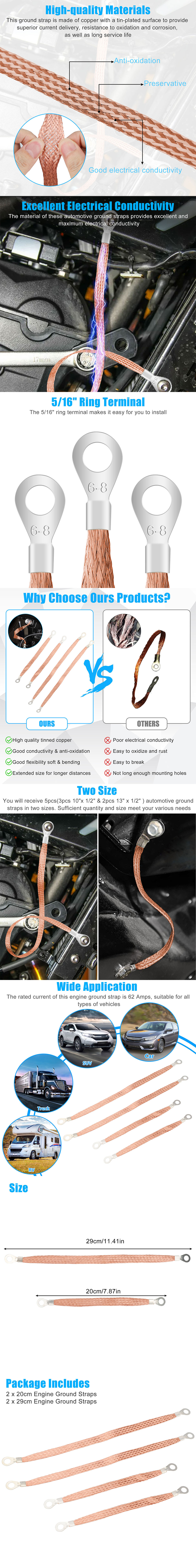 thumbnail image 2 of 5-Pack Copper Ground Strap Kit For Car & Truck – Engine To Body/Firewall Grounding Cables 2 of 6