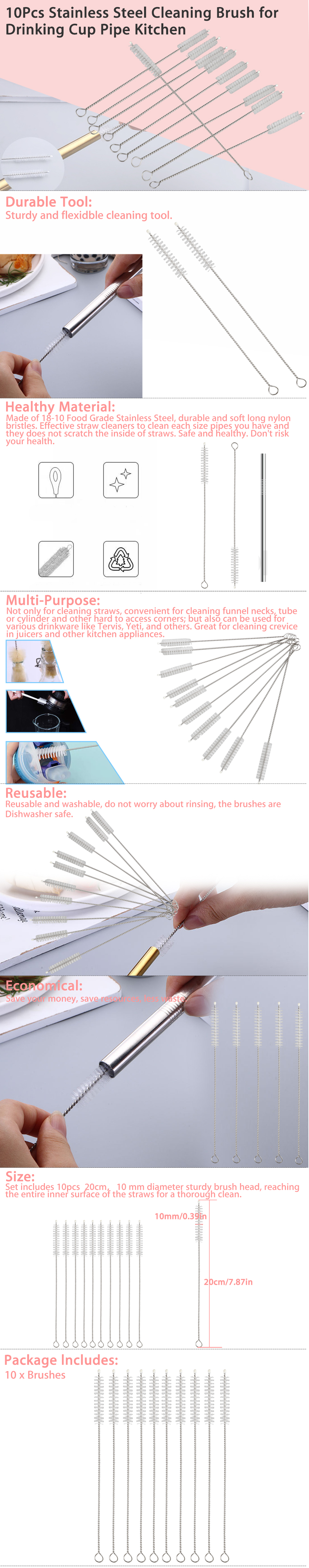 Drinking Straw Brush Kit 10 Piece Multi-functional Durable Sturdy but Soft Straw Cleaner Brush Reusable and Washable