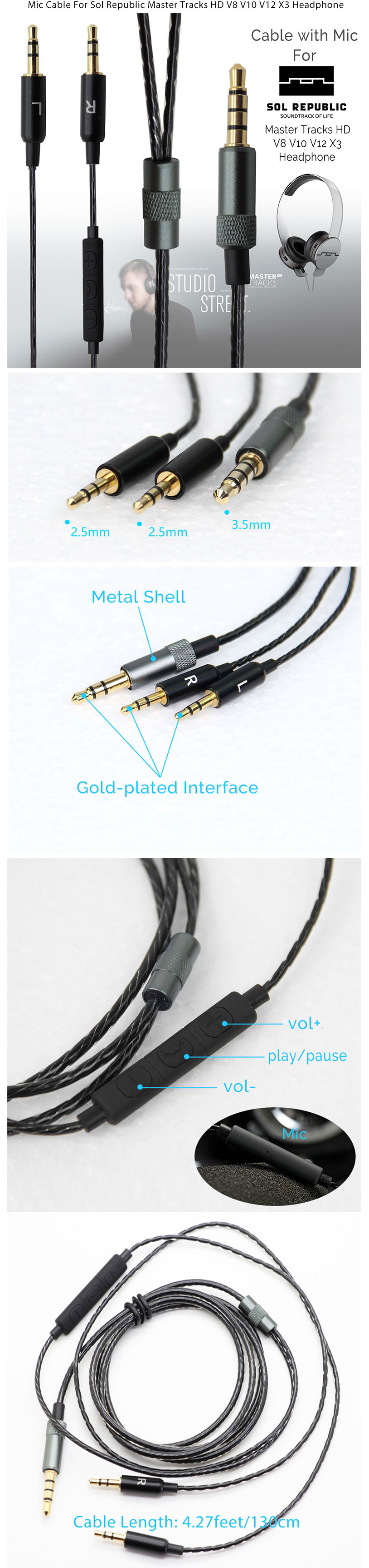 Replacement Mic Cable For Sol Republic Master Tracks HD V8 V10 V12 X3